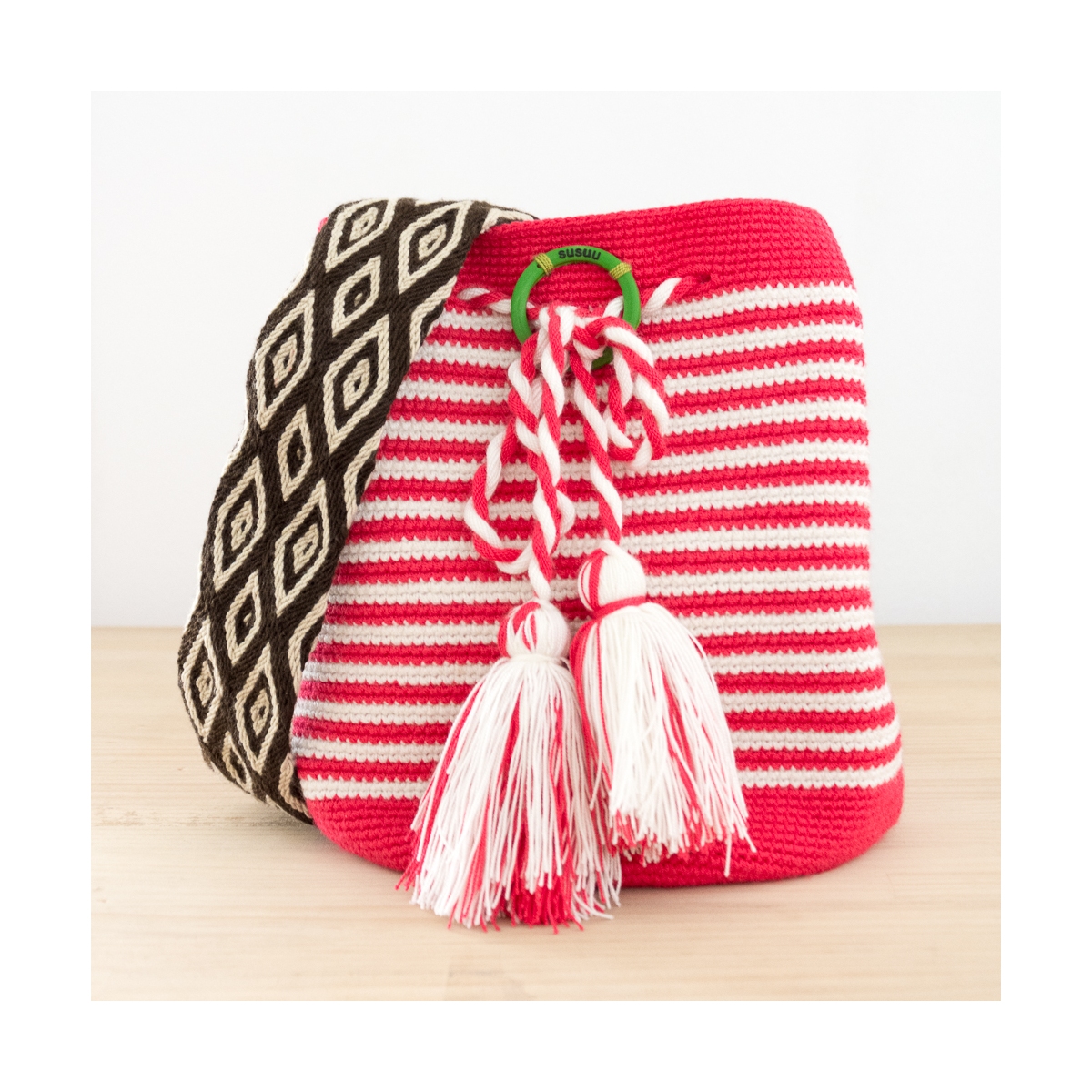 Boslo wayuu hecho a mano de rayas rosa blanco con correa colorida intercambiable